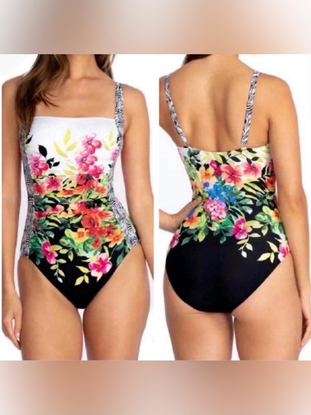 Johnny Was Fay Rushed One-Piece Swimsuit in Black, White and Multicolored Floral